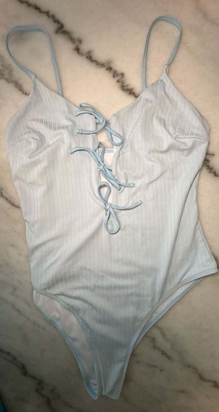 Unbranded Ribbed Lace-Up One-Piece Swimsuit Blue